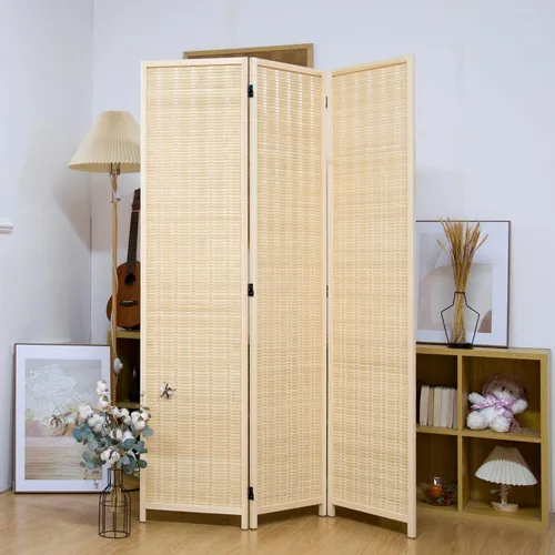 Vista 4 de 3 Panel Bamboo Room Divider for Home & Office, 5.6 ft Tall Folding Partition Wall in Natural Beige, Double-Sided Privacy Screen for Room Separation