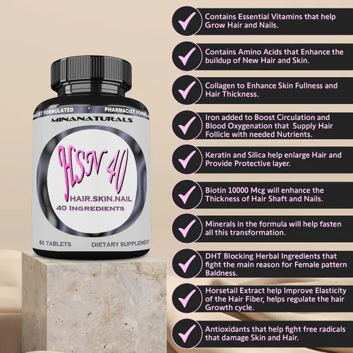 Vista 3 de HSN 40 Vitaminas para el crecimiento de la piel y las uñas para mujeres con biotina 10000 mcg, queratina, colágeno para cabello más grueso, fuerte