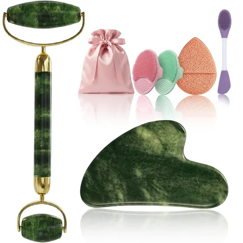 Vista 9 de Rena Chris Juego de Gua Sha y Rodillo Facial: Rodillo de Jade Anti-Rotura para Uso Duradero, Escultura de la Línea de la Mandíbula y Reducción