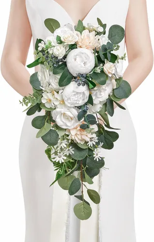 Vista 29 de Serwalin Ramos de boda de 9.8 pulgadas para novia y dama de honor, peonías rosa empolvado, ramos de flores de novia para boda, ramo de lanzamiento