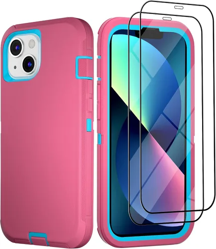Vista 19 de Funda para iPhone 13 con 2 protectores de pantalla, resistente de grado militar, funda de cuerpo completo para hombres y mujeres (aguamarina + rosa)