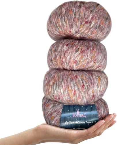 Vista 24 de Hilo de alpaca Tweed de algodón para ganchillo, paquete de 4 (588 yardas/7.05 oz), patrones libres, hilo de tweed para tejer, peso de peinado ligero