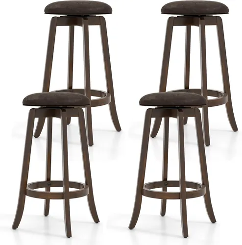 Vista 10 de COSTWAY Juego de 2 taburetes de bar giratorios de 29 pulgadas, taburetes de bar tapizados con asiento de piel sintética y patas de madera de goma