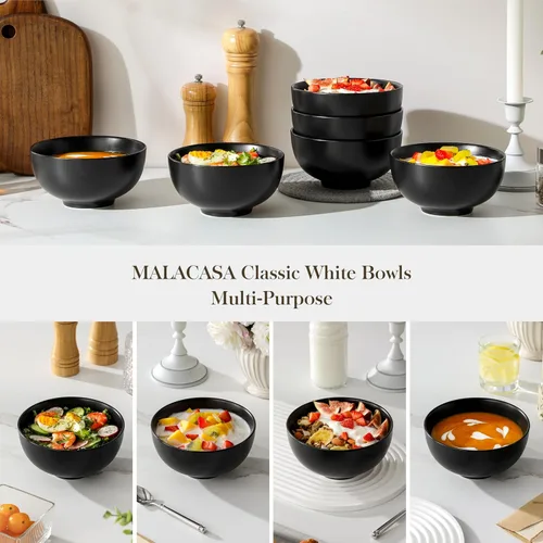 Vista 6 de MALACASA Juego de 6 cuencos de sopa de porcelana de 26 onzas, cuencos de cerámica negra para cocina, cuenco de cereales para avena, fruta, ensalada