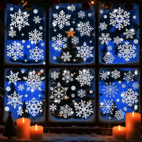 Vista 4 de 171 piezas de decoraciones navideñas para ventanas, copos de nieve plateados, calcomanías de doble cara, decoración de ventana, pared, puerta