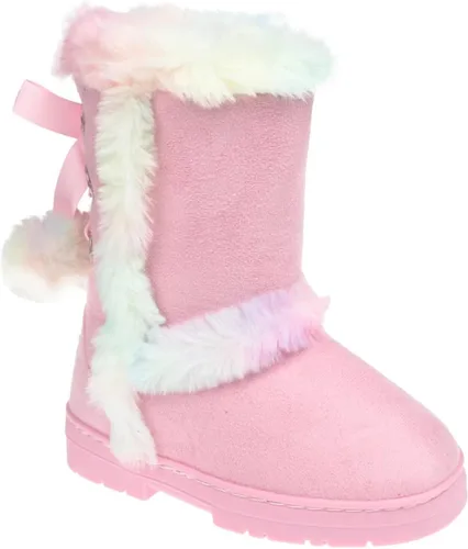 Vista 2 de bebe Girls Big Kid Mid Calf Easy Pull-On Microsuede Winter Boots Embellished With Fur Trim And Rhinestone Eyelet