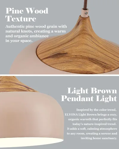 Vista 4 de ELYONA Lámpara colgante japonesa moderna de 12 pulgadas para isla de cocina, lámpara colgante de granja con pantalla de metal de grano de madera