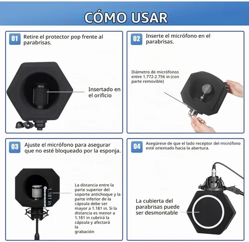 Vista 5 de Escudo de aislamiento de micrófono para grabación, bola de aislamiento de micrófono negro Portable Acoustic Foam Barrier, Easy Setup, Reduces Room