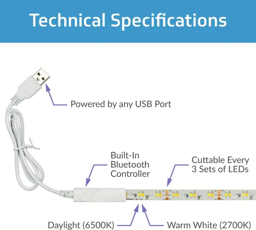 Vista 3 de CLEANLIFE TrueColor - Tira LED inteligente – Cinta USB de 6.6 ft con control Bluetooth – Controlada por aplicación y programable – Blanco cálido a