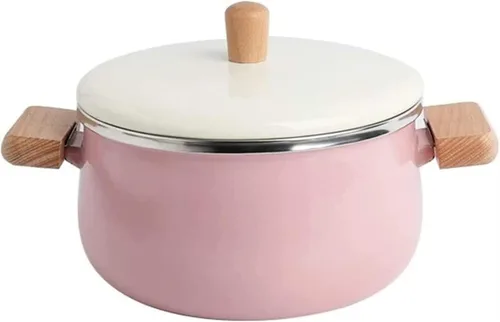 Vista 4 de Wok Olla de leche esmaltada con doble oreja, mango de madera, olla esmaltada, olla pequeña para sopa de fideos, olla de inducción, sartén universal