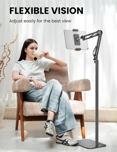 Vista 3 de Soporte de piso para tableta, soporte de metal giratorio de 360 grados, soporte para iPad de altura y ángulo ajustables, soporte universal