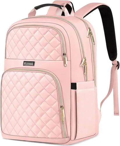 Vista 10 de Mochila Kuosdaz para Mujeres, Beige, 15,6 pulg. 15.6 Inch Cute Quilted Laptop Backpack, Large Bookbag for Middle School College Students, Beige