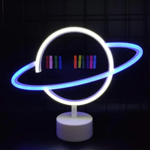 Vista 10 de ENUOLI Letreros de luz de neón de planeta rosa, luces de noche LED con pedestal, decoración de habitación, batería/operación USB, letreros de neón