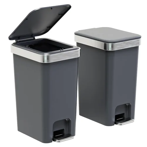 Vista 9 de Cubo de basura pequeño para baño con tapa de cierre suave, cubo de basura delgado de 10 litros/2.6 galones, escalón de metal y tapa superior