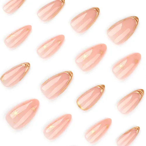 Vista 3 de Uñas postizas a presión de almendra, uñas postizas medianas con diseños de estampado francés de lámina dorada 3D, pegamento dorado Starlight en uñas