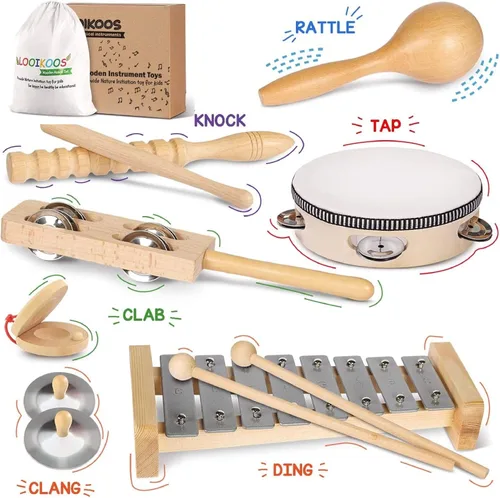 Vista 6 de LOOIKOOS Instrumentos musicales para niños pequeños, juego de música ecológico para niños preescolares educativo, instrumentos de percusión