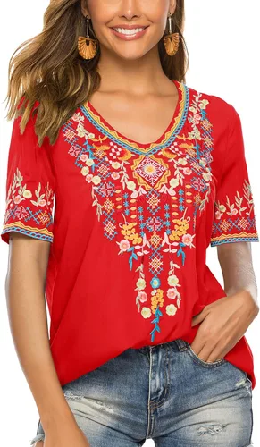 Vista 3 de Vakakado Blusas bordadas estilo campesino mexicano bohemio de manga corta para mujer estilo hippie