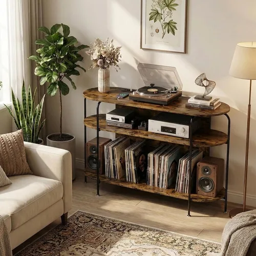 Vista 6 de Faesun - Soporte para tocadiscos con almacenamiento de vinilo, armario grande de almacenamiento de discos de madera con capacidad para más de 200