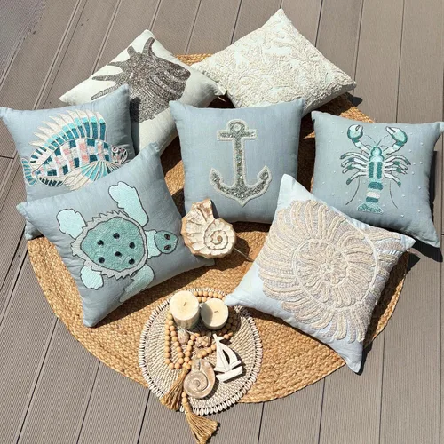 Vista 7 de The HomeCentric Funda de cojín para sofá, 12 x 12 pulgadas, funda de almohada decorativa cuadrada de lino azul claro con zardozi y cuentas bordadas