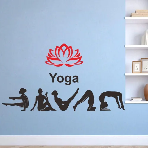 Vista 7 de Adhesivo de pared para estudio de yoga, calcomanía de PVC extraíble con patrones de loto e hinduismo, regalo único para los amantes del yoga, ideal