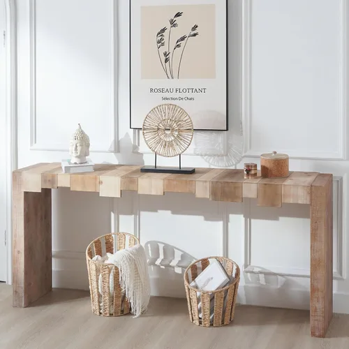 Vista 4 de SOFTSEA Mesa consola de granja con diseño de bloques escalonados, mesa consola extra larga de 71 pulgadas para sala de estar, pasillo, madera natural