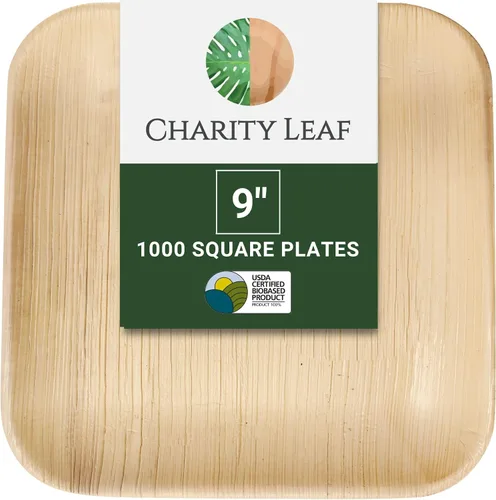 Vista 11 de Platos cuadrados desechables de hoja de palma Charity Leaf de 9" (22.86 cm) (50 piezas) Platos de servir tipo bambú, tablas desechables, vajilla