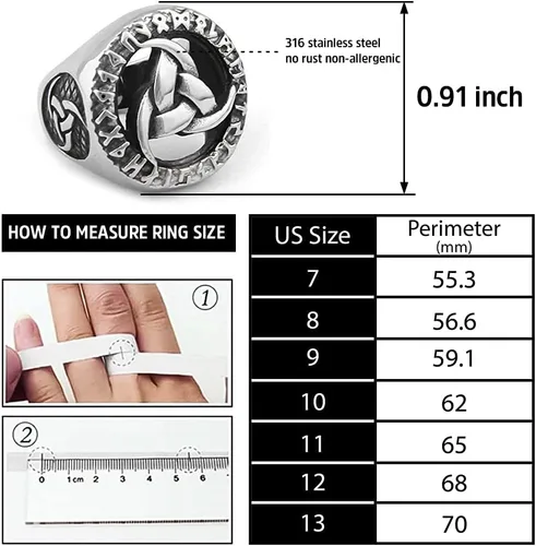 Vista 4 de BAVIPOWER Viking Odin Triple Cuerno Runa Círculo Norse Sabiduría Anillo de Acero Inoxidable Asatru Pagan Joyería Escandinava para hombres y mujeres