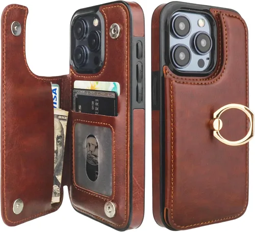 Vista 13 de ONETOP - Funda tipo cartera para iPhone 15 Pro con soporte para tarjetas, anillo de rotación de 360°, bloqueo RFID, piel sintética, doble cierre