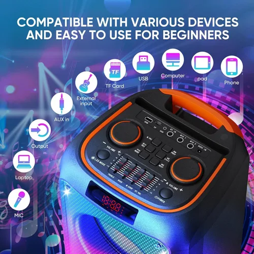 Vista 6 de Máquina de karaoke para adultos, sistema PA portátil, máquina de karaoke con 2 micrófonos, compatible con modo TF/USB/AUX, TWS y LED para el hogar