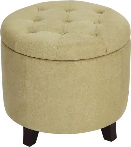 Vista 15 de Adeco Otomana redonda de almacenamiento, taburete tapizado para maquillaje, taburete de terciopelo para dormitorio, dormitorio beige