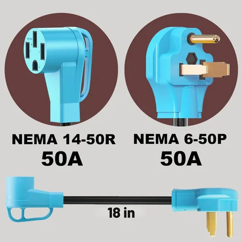 Vista 3 de CircleCord Cable adaptador de cargador NEMA 6-50P a 14-50R EV para carga EV de nivel 2, diseño doblado de 180 grados con mango de agarre, calibre 6