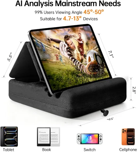 Vista 3 de Soporte de almohada para tablet con almacenamiento, soporte plegable para iPad para Lep, cama, sofá y escritorio, base suave con bolsillo y soporte