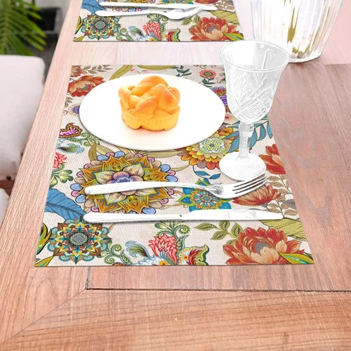 Vista 6 de Juego de 4 manteles individuales florales bohemios de lino de 12 x 18 pulgadas, manteles individuales de flores coloridas para cocina, mesa