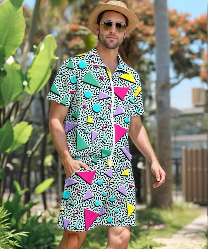 Vista 3 de UOUA Traje de los años 80 para hombre, disfraz de bloque de color de los años 90, conjunto de 2 piezas de chaqueta y pantalones cortos retro