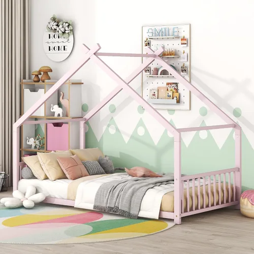 Vista 11 de Lakifun Casa de juegos de cama de metal de tamaño individual con barandillas de techo y valla para niños y niñas, marco de toldo Montessori de suelo
