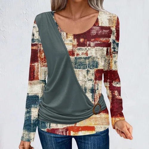 Vista 2 de Camisetas de manga larga con estampado de dos piezas para mujer, con cuello redondo apilado, túnica a la moda