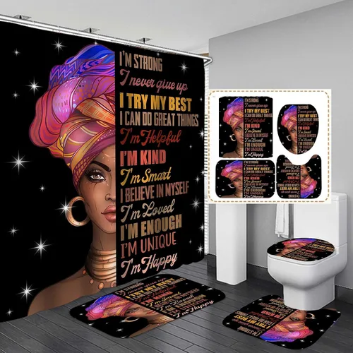 Vista 17 de Jayden Madge - Juego de 4 cortinas de ducha para mujer afroamericana, citas inspiradoras, atardecer, safari, animales, tribal, niña afro, orgullosa