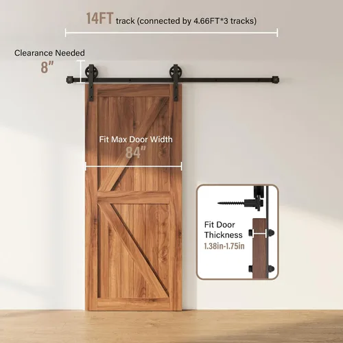 Vista 2 de WINSOON Black Big Wheel - Kit de herrajes para puerta corrediza de granero de 14 pies con guía ajustable para puerta de granero de doble rodillo