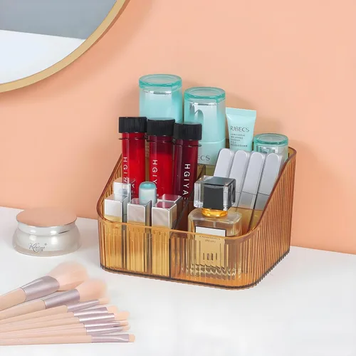 Vista 2 de Organizador de brochas de maquillaje ámbar para tocador, organizador de encimera de baño, 5 tazas, almacenamiento y exhibición de artículos