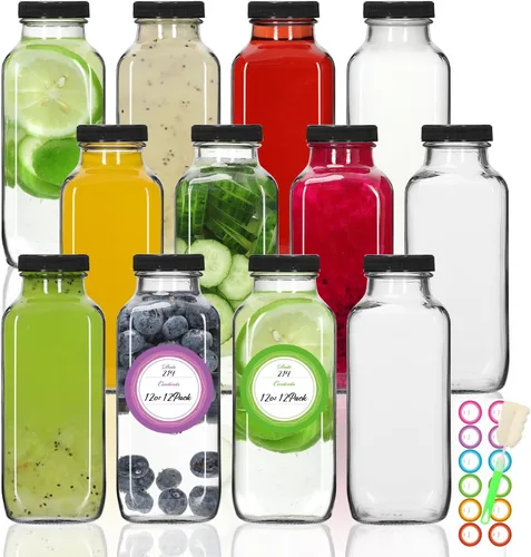 Vista 9 de STARSIDE - Botellas de vidrio para jugo de 8 onzas con tapas, paquete de 12 - Frascos reutilizables cuadrados para exprimir, leche, kombucha