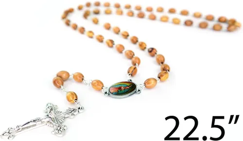 Vista 3 de Our Lady of Guadalupe, collar de rosario católico de madera de Israel, cuentas de rosario de madera de olivo con dije de cruz de retrato