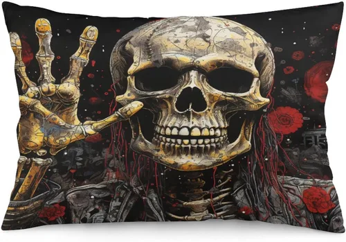 Vista 31 de Funda de almohada divertida de calavera de Halloween de 12 x 20 pulgadas, funda de almohada rústica de Halloween con cremallera oculta, suave