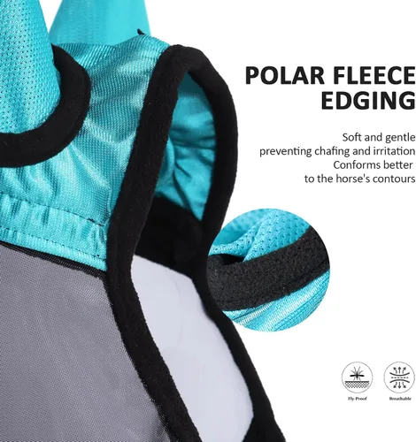 Vista 89 de Harrison Howard Máscara de mosca de caballo luminosa profesional estándar con orejas protección UV para caballo, azul y plateado, pequeño poni Azul