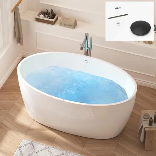 Vista 30 de FerdY Tahití - Bañera de acrílico independiente de 55 pulgadas, elegante bañera de remojo de forma ovalada, blanco brillante, drenaje dorado