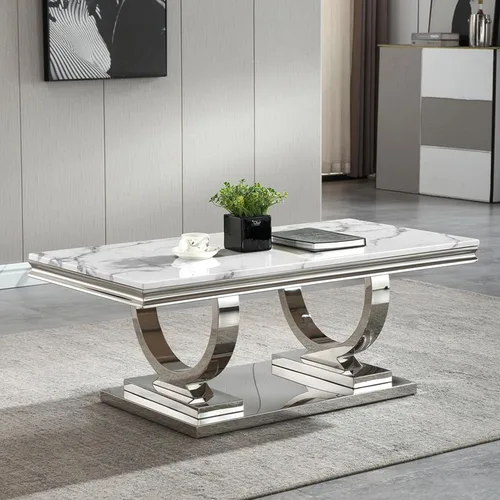 Vista 9 de Mesa de centro de 47 pulgadas de mármol negro con base en forma de U de acero inoxidable espejado, mesa central de parte superior rectangular