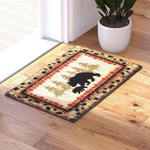 Vista 3 de Masada Masada Rugs 2'x3' Alfombra temática de cabina/cabaña con escena de oso y cachorro