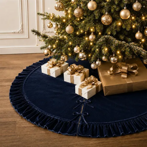 Vista 9 de Faldones de Felpa para Árbol de Navidad, 24 pulgadas, Lujosa Cubierta de Base de Árbol de Navidad de Piel Sintética Negra con Copos de Nieve Dorados