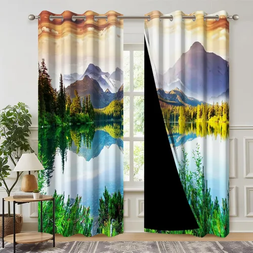 Vista 19 de Cortinas opacas de cascada, impresión 3D, vista de ventana de paisaje natural, cortinas para sala de estar, panel de cortina de río con ojales