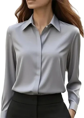 Vista 3 de Camisa de oficina de manga larga para mujer, cuello con botones, blusa formal sólida
