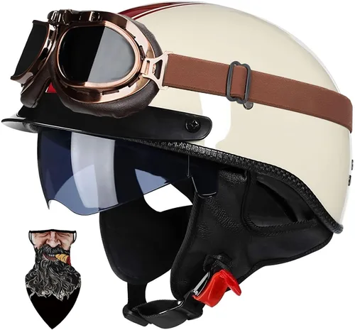 Vista 8 de Casco Moto Retro Vintage Jet Medio para Hombre y Mujer Adultos, DOT Homologado, Ventilación Dual, Visera Retráctil y Desmontable, Apto para Patinete